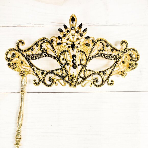 Black Crystal Masquerade Mask with Stick, Gold Masquerade Mask, Prom Party Mask - Picture 1 of 6